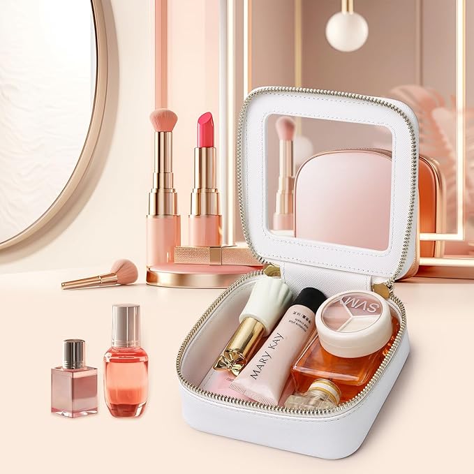Pinkmik Small Makeup Bag Mini Clear Cosmetic Makeup Case & Toiletry Bag with Zipper Women's Purse Organizer & Car Essentials (White,MINI-1)