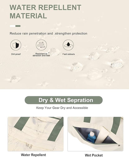 Gym Bag for Women Men with Shoe Compartment, Sport Duffel Bag, Waterproof Travel Weekender Overnight Carry on Bag for Yoga with Trolley Sleeve, Beige Green