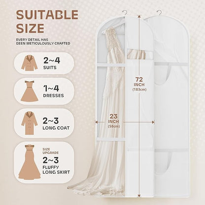 72inches Garment Bag with Zipper Pocket, Wedding Dress Bag for Gowns Long, White
