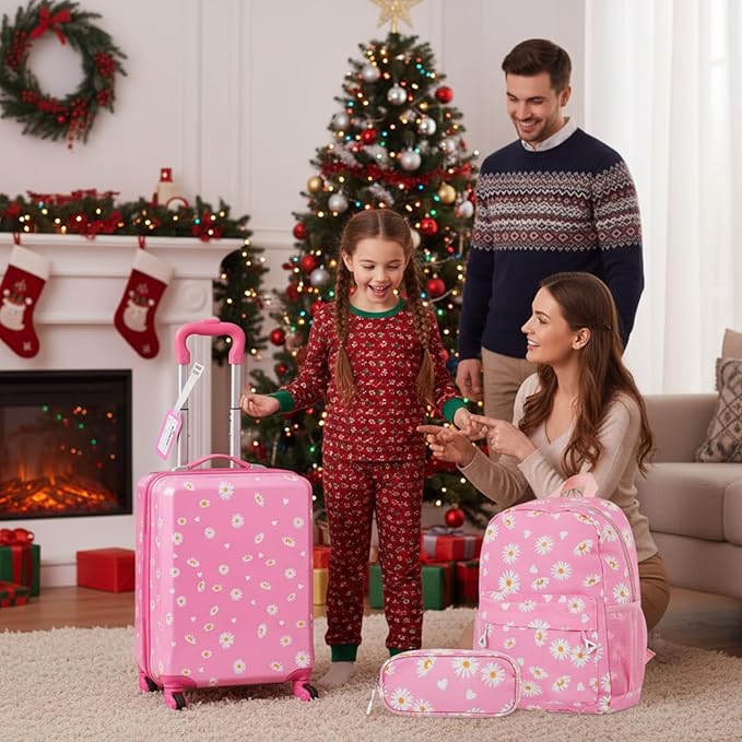 Redbaker 6 Pcs Kids Luggage Set 17 Inch Kids Rolling Luggage Double Pattern Suitcase for Girls Boys School Gift(Light Pink,Leopard Print Style)