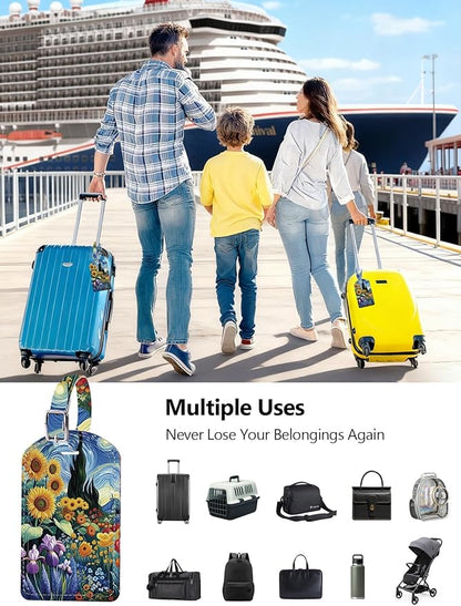 Luggage Tags Built-in Anti-Loss Tracker, Luxury Leather Luggage Tags for Suitcase, Travel Bags, Backpacks, Travel Organizer for Lost Baggage Prevention (Sunflower)