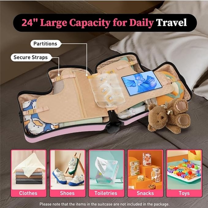 24 Inch Kid Ride Suitcase,Kid Luggage Seat Ride With Lock - Kids Travel Trolley With Safety Belt, Kids Luggage With Wheels Child Stroller Spinner Luggages, ABS+PC (Red Car, 5-12 Years)