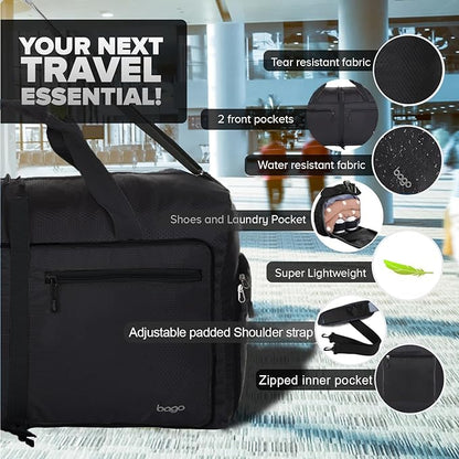 Bago Large Foldable Duffel Bags for Traveling Women & Men - 80L Packable Duffle Bag for Travel with Shoe Compartment - Water Repellant, Heavy Duty, Lightweight Folding & Collapsible (All Black)
