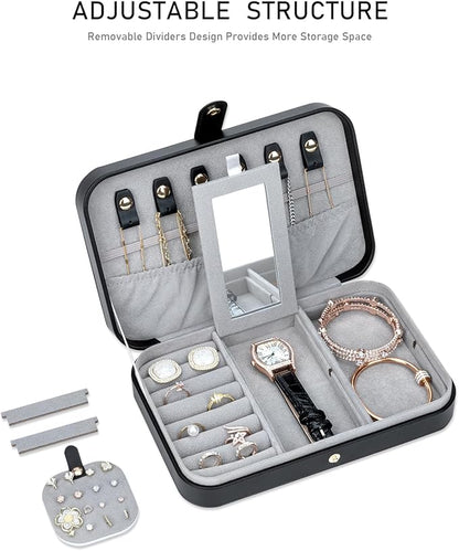 Travel Jewelry Organizer with Mirror Portable Case Small Jewellery Box Gift for Women for Earrings Rings Necklaces, Black A-1
