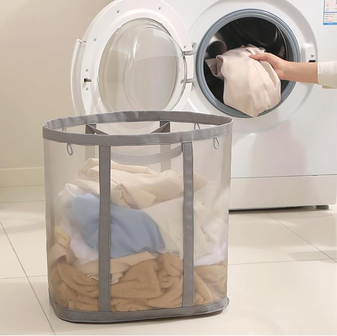 Mesh Bag with Handles, Collapsible Laundry Basket, Foldable Laundry Bag, Breathable Folding Beach Bag,Space-saving Travel Tote Bags (2, Grey&Black)