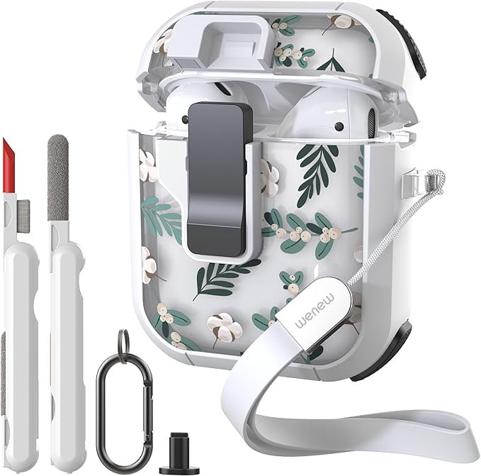WENEW Case for AirPods 1 & 2Case Cover Secure Lock Automatic Snap Switch Clip Cleaner Kit Lanyard Women Stylish Flower Armour Hard Shell Full Body (Green, AirPods 1st & 2nd)