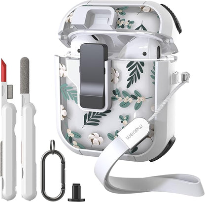 WENEW Case for AirPods 1 & 2Case Cover Secure Lock Automatic Snap Switch Clip Cleaner Kit Lanyard Women Stylish Flower Armour Hard Shell Full Body (Green, AirPods 1st & 2nd)