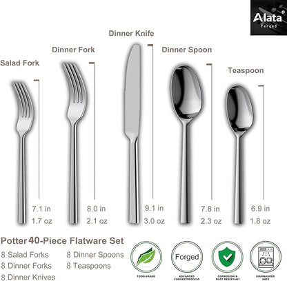 Alata Potter 40-Piece Forged Silverware Set Stainless Steel Flatware Set Cutlery Set, Service for 8, Mirror Finish, Dishwasher Safe