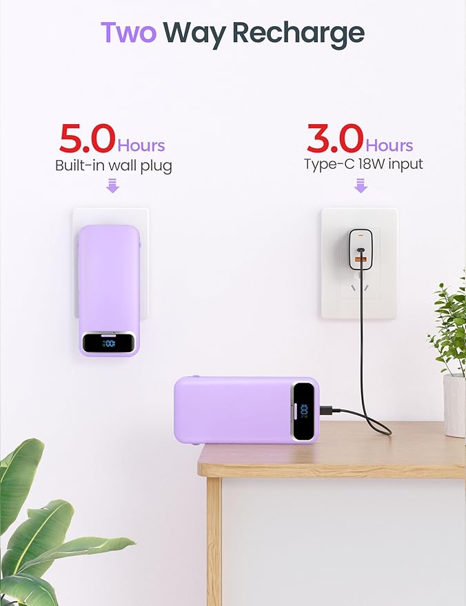 12000mAh Lightweight-Portable-Charger-Power-Bank with Built-in Cables and AC Wall Plug, PD20W USB-C Fast Charging Battery Pack, LED Display External Travel Phone Charger for All iPhone,Samsung,Android