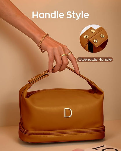 Makeup Bag For Teens 16-18, Personalized Makeup Bag with Handle, Initial Double Layer Cosmetic Bag with Makeup Brush Organizer, Cute Cosmetic Pouch for Women, Gifts for Friends Female Mom