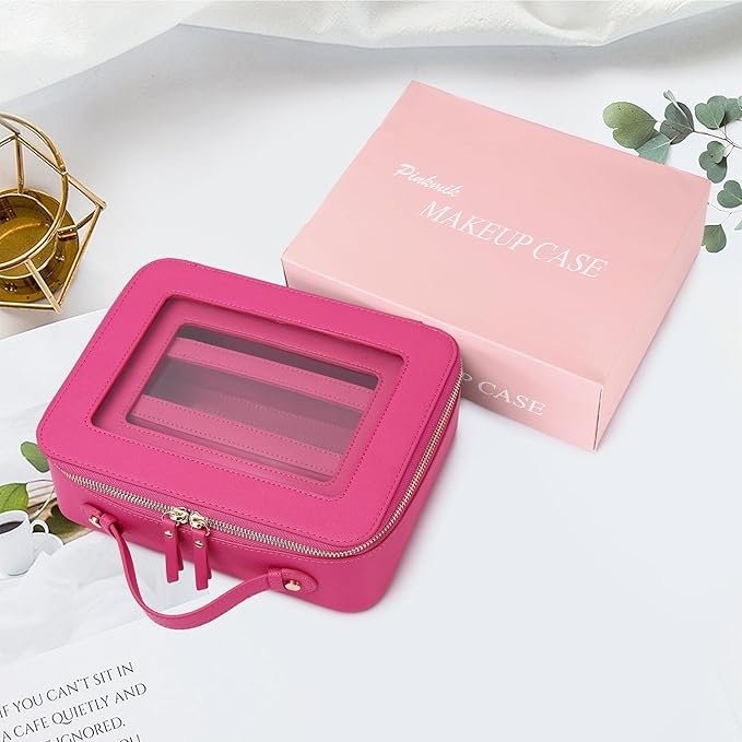 Pinkmik Clear Makeup Bag with Brush Bag 3pcs Waterproof Travel Case for Cosmetics and Toiletries Women's Makeup Organizer with Zipper (X/Fuxia, L+M+SLIM)
