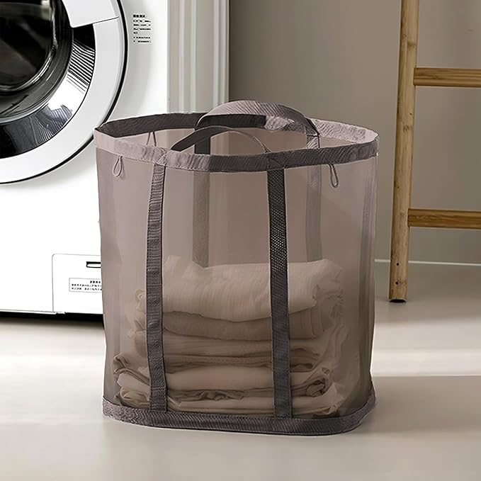 Mesh Bag with Handles, Collapsible Laundry Basket, Foldable Laundry Bag, Breathable Folding Beach Bag,Space-saving Travel Tote Bags (1, Brown)