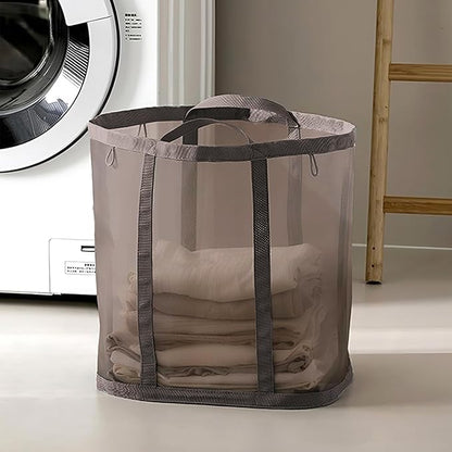 Mesh Bag with Handles, Collapsible Laundry Basket, Foldable Laundry Bag, Breathable Folding Beach Bag,Space-saving Travel Tote Bags (1, Brown)