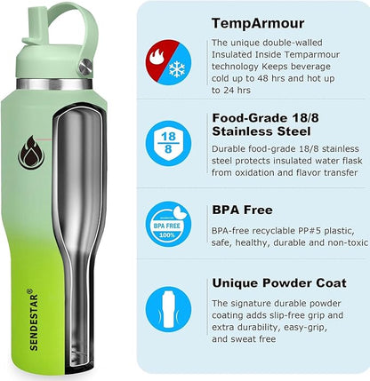 SENDESTAR SENDESTAR 40oz Stainless Steel Water Bottle(Cold for 48 Hrs, Hot for 24 Hrs),Double Wall Vacuum Insulated Bottle with Straw Lid, Spout Lid and Flex Cap, Fit in Any Car Cup Holder