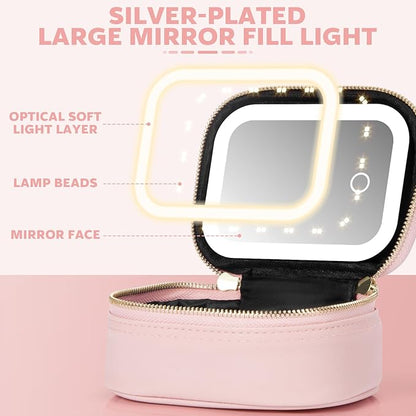 Small Makeup Bag with Led Mirror, Mini Travel Make up Bag 3 Light Modes Adjustable Brightness, for Women Organizer Cosmetic Bag, Portable Travel Train Toiletry Bag, for Pool Parties Work Touch-Ups