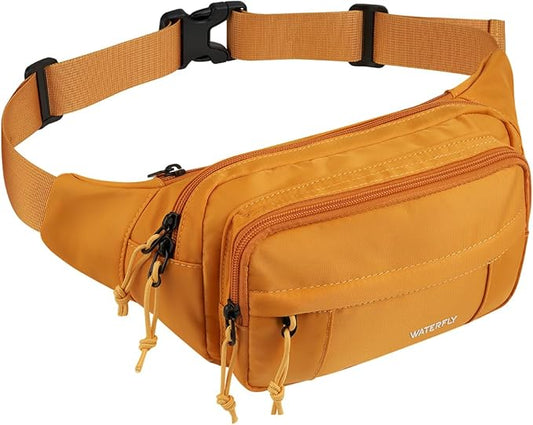 WATERFLY Fanny Pack Waist Packs: Large Crossbody Fanny Packs for Women Men with 5 Zipper Pockets Adjustable Strap Waist Bags Hip Pack for Traveling Cycling Running Hiking-Tan