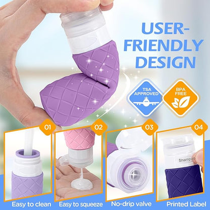 16 Pack Travel Bottles for Toiletries, TSA Approved Travel Size Toiletries Containers Set, BPA-Free Silicone Leak Proof Refillable Bottles Stackable Creams Jars Accessories Kit W/Clear Bag(Purple)