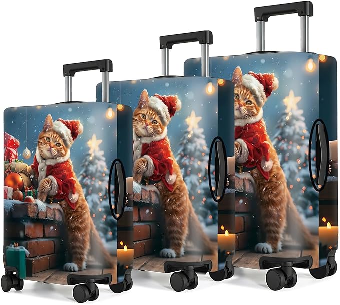 Christmas Cat Luggage Cover – Cute Santa Kitty Suitcase Protector, Holiday Travel Luggage Sleeve, Stretchable & Waterproof,M