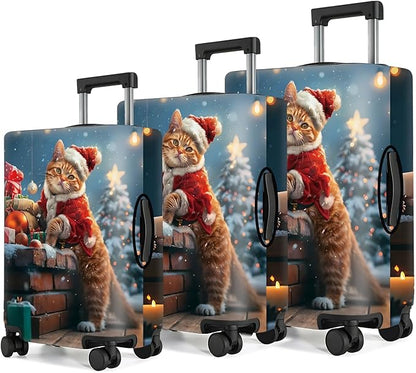 Christmas Cat Luggage Cover – Cute Santa Kitty Suitcase Protector, Holiday Travel Luggage Sleeve, Stretchable & Waterproof,L