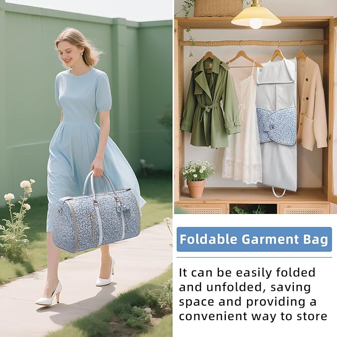 Travel Garment Bag for Women, Foldable Carry On Garment Duffle Bag 20.5x10x12.5 Inch, Convertible Overnight Bags with Shoe & Toiletry Pockets for Business Trip, Vacation, Party, Blue-White
