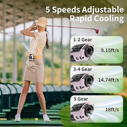 Socool 10000mAh Portable Waist Fan Clip on Wearable Belt Personal Fan Rechargeable Battery operated With 5 Speeds & Flashlight Neck Hands-Free 40H Cooling For Outdoor Camping Travel (Pink）