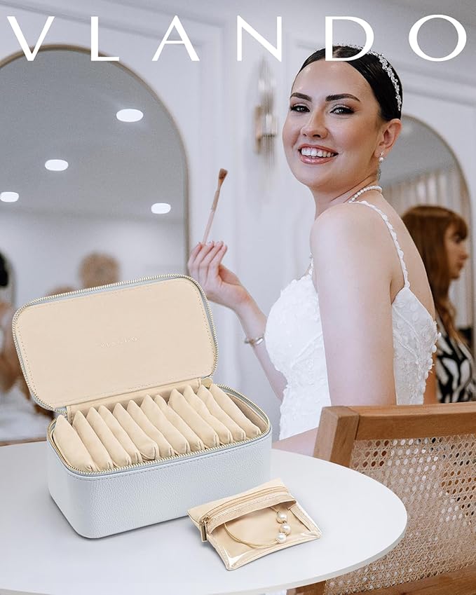 Vlando Travel Jewelry Case Organizer,Small Jewelry Box with 12 Velvet Jewelry Storage Pockets,Christmas Gift Ideas for Bride Friends Women Girls-Baby Blue