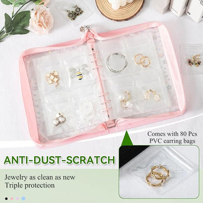 Jewelry Organizer Case Travel Clear Earring Organizer Case Transparent Jewelry Storage Book with Clear Zippered Jewelry Pouch (Pink, With 80 Pcs small Jewelry Pouches)