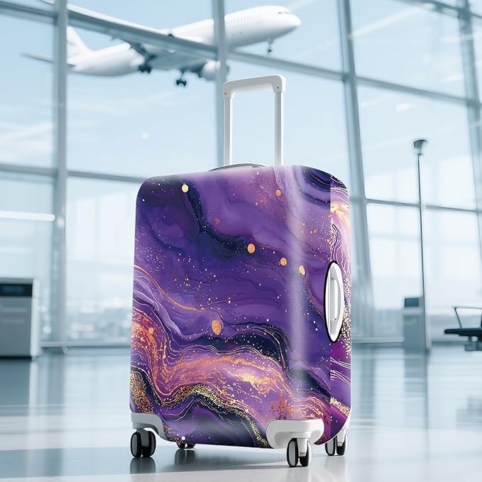 FOREVER QUEEN Luxury Purple Gold Marble Luggage Cover Suitcase Protector Suitcase Cover Anti-Scratch,Stretchable Bag Cover Washable Durable Polyester