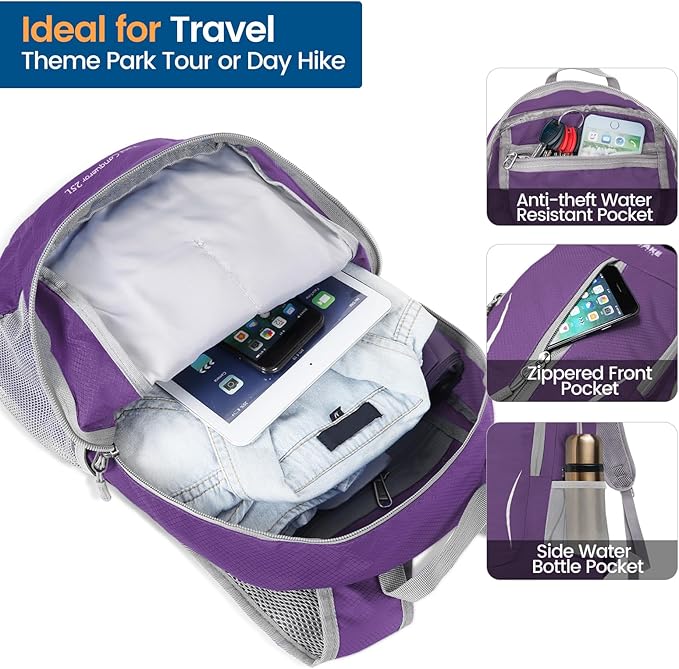 ZOMAKE Ultra Lightweight Packable Backpack 25L, Foldable Hiking Backpacks Water Resistant Small Folding Daypack for Travel(Purple)