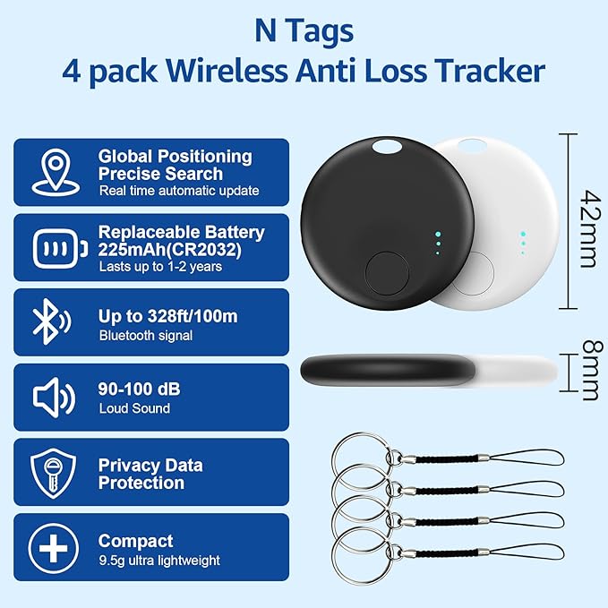 Smart Tags-4 Pack for Android Tracker Tags, Bluetooth Tracker, Work with Google's Find Hub App, Item Finder for Keys, Item Locator for Wallet, Suitcases (White&Black)