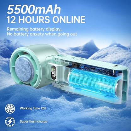 Handheld Portable Fan with Ice Cooler: 100-Speed 5500mAh Rechargeable Handheld Fan, 12H Time Hand Cooling Personal Fans with 20000 RPM Air Turbo Tech for Travel Outdoor (Green)