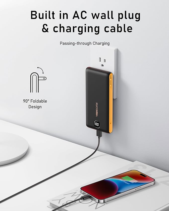 VEEKTOMX Portable Charger with Built in Cables 10000mAh, Power Bank for iPhone with Wall Plug, Travel Essential Fast Charging USB C Slim External Battery Pack for iPhone 17/16/15, Samsung, iPad, etc
