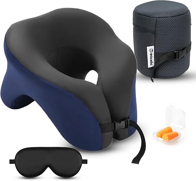 Picnic Neck Pillow for Traveling | 100% Pure Memory Foam Travel Pillow for Airplanes, Car & Office | Ergonomic Support with Adjustable Clasp, Eye Mask & Compact Travel Bag | Perfect for Relaxation
