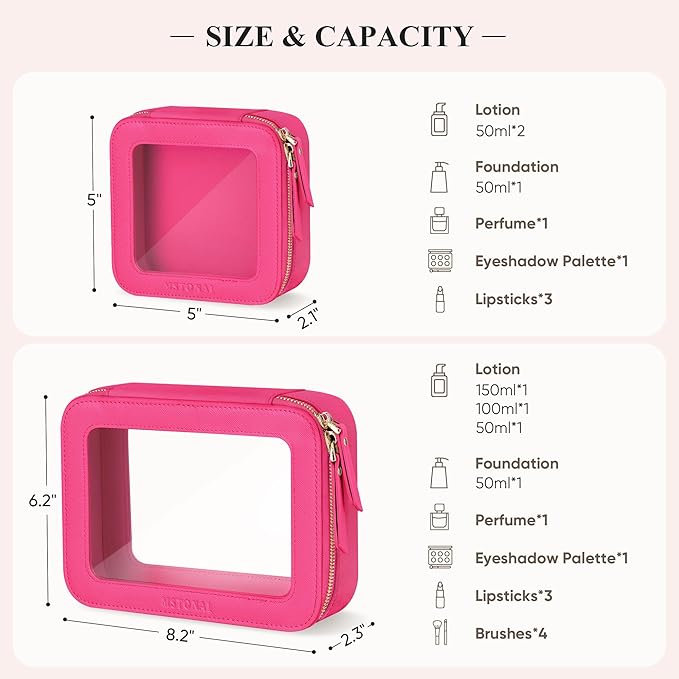 Clear Makeup Bag, Travel Toiletry Bag Cosmetic Case for Women, Waterproof Portable Small Make Up Skincare Pouch with Zipper, Compact Car Organizer Bag for Essentials, Mini Size, Hot Pink