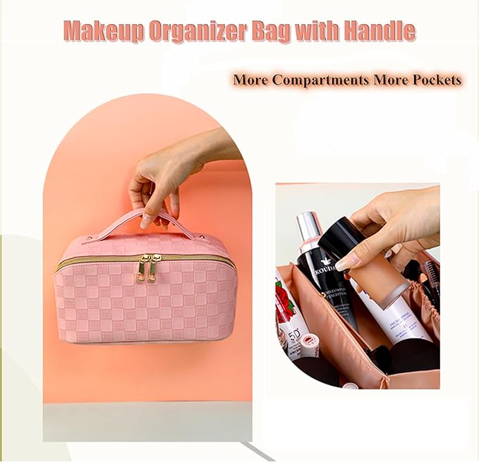 Cosmetic Bag,Travel Makeup Bag, Large Capacity Cosmetic Bags for Women, Waterproof Portable Open Flat Toiletry Bags,Makeup Organizer Bag with Divider and Handle, Pink Cosmetic Pouch Gifts for Women