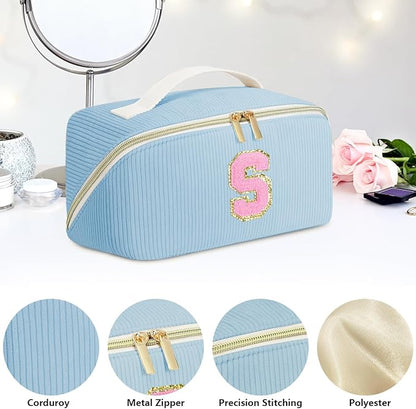 Personalized Initial Makeup Bag,Christmas Gifts for Girl,Preppy Bag Cosmetic Travel Bag Women,Travel Toiletry Organizer,Large Capacity Corduroy Stuff Bag,Cute Cosmetic Pouch Skincare Bag-U