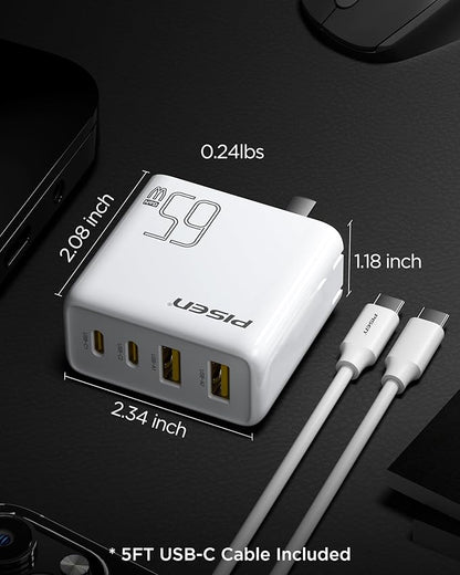 PISEN 65W USB C Fast Charger - 4FT USB-C Cable, 4-Port Compact Foldable GaN Charger, PPS for MacBook Pro/Air, iPad Pro, Galaxy S23, iPhone Series
