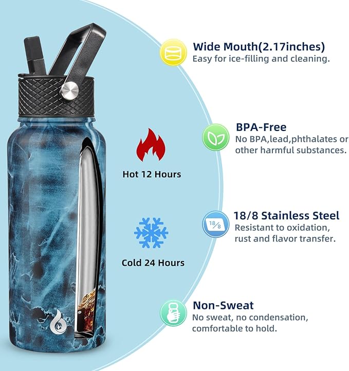 BJPKPK Insulated Water Bottles with Straw Lid, 32oz Metal Large Water Bottle with 3 Lids, Reusable Leak Proof BPA Free Thermo, Stainless Steel Tumblers for Sports, Gym, Travel-Ocean