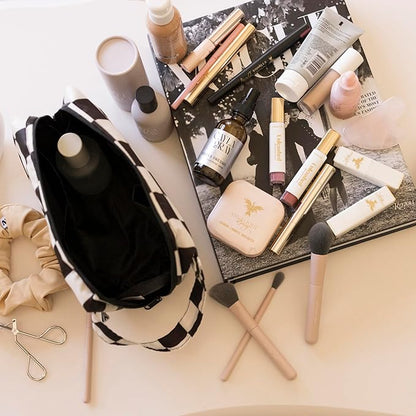 Tiny Twinkle Waterproof Travel Toiletry & Makeup Bag Organizer | Large Capacity Cosmetic Case with Compartments & Handle, A Thoughtful Travel Companion for Women（Black Checkers