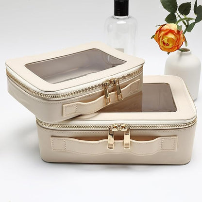 SANHECUN Cosmetic Case with Zipper TSA Approved Storage Box Travel Organizer Pouch Toiletry Portable Makeup Bag Cosmetic Set (2, White)