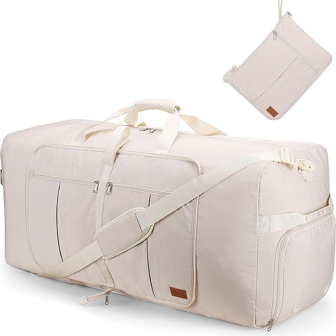 100L Travel Duffle Bag for Men and Women, Urtala 32” Large Duffle Bag for Traveling with Shoe Compartment, Foldable Duffel Bag Water & Tear Resistant (Beige)