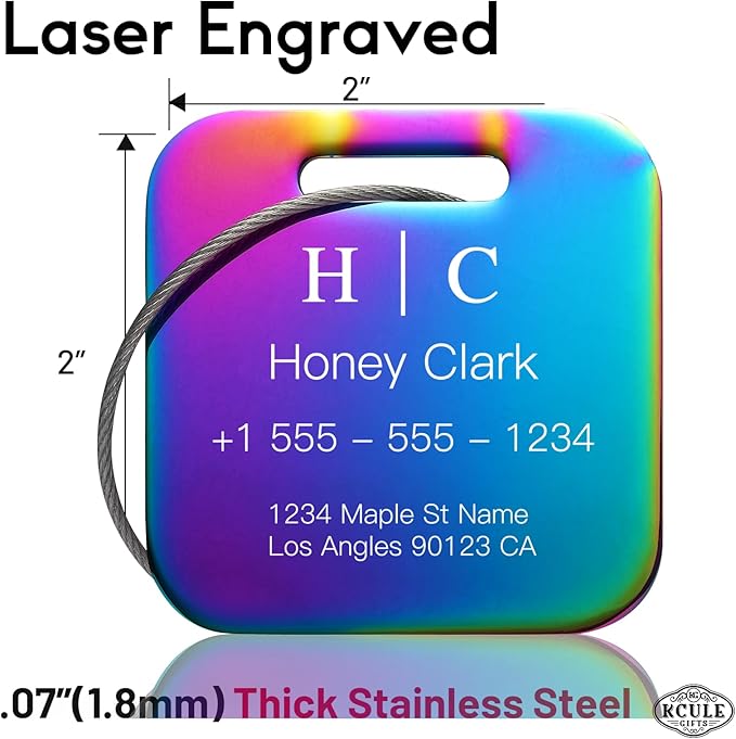 Stainless Luggage Tags for Suitcases 4 Pack: Metal Personalized Luggage Tags for Backpacks & Bags with Customizable Texts (Rainbow)