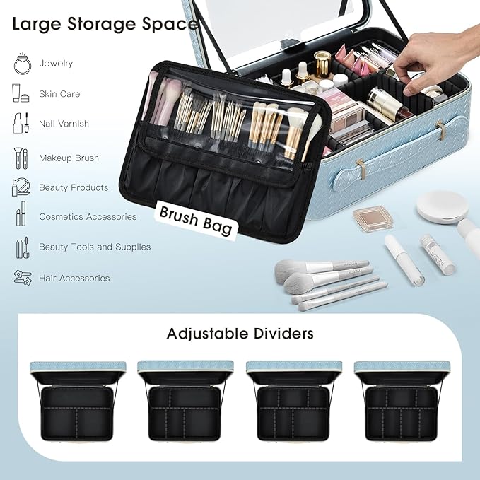 Leather Makeup Case with LED Lighted Mirror 11.4 Inch Travel Makeup Bag Adjustable Brightness in 3 Colors Cosmetic Organizer Artist Storage Bag with Dividers Brush Holder Bag Vanity Shiny Blue