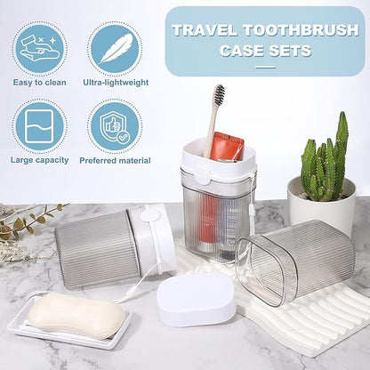 uxcell Travel Toothbrush Case Set, Leakproof Soap Holder with Lid and Portable Travel Toothbrush Holder for Bathroom, Gym, Business Trip, Camping (Light Grey)