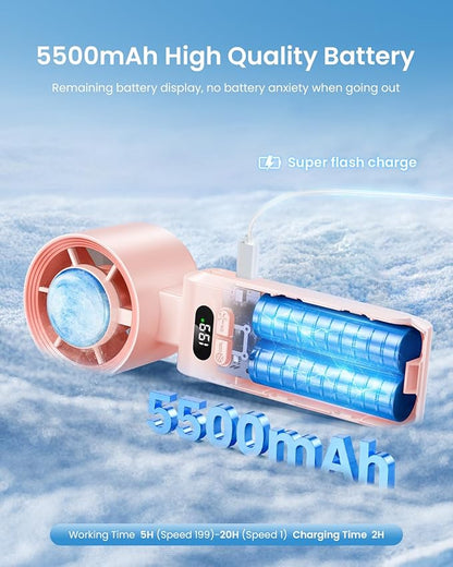 Kimguard 2 Pack Handheld Portable Turbo Fan with Ice Cooler, Speed (1-199) 5500mAh*2 Rechargeable Personal Fan,[20H Cooling Time] Mini Yet Powerful, Small Pocket Fans for Travel/Outdoor/Office, Pink