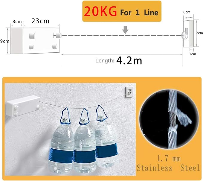 Retractable Clothesline |Indoor Outdoor Clothes Line | Heavy Duty Clothes Drying Laundry Line | Wall Mounted Drying Rack Clothing Line | Retracting Hanging | Lock to Prevent Sagging