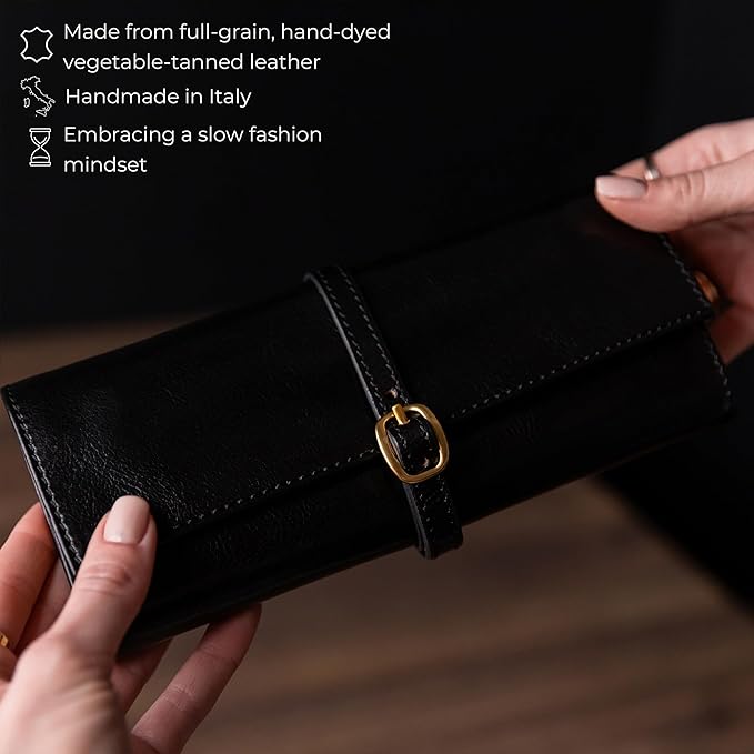 Time Resistance Leather Jewelry Roll - Full Grain Leather Travel Jewelry Case - Jewellery Organizer Made in Italy (Black)