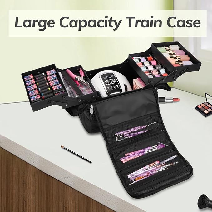 Deciniee Travel Makeup Bag, 4 Trays Large Cosmetic Bag for Woman with Adjustable Dividers, Organizer Bag Waterproof, Travel Essentials Cosmetic Bag, Train Case for Nail Tech Black