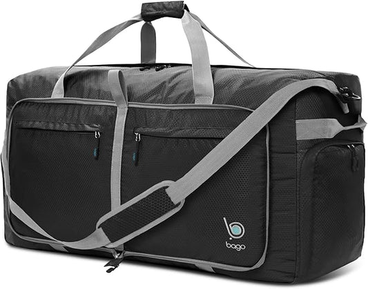 Bago Large Foldable Duffel Bags for Traveling Women & Men - 100L Packable Duffle Bag for Travel with Shoe Compartment - Water Repellant, Heavy Duty, Lightweight Folding & Collapsible (Black)