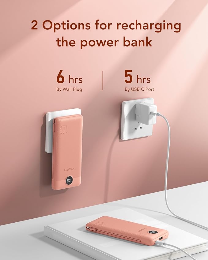 VEGER Portable Charger for iPhone Built in Cables and Wall Plug, 10000mah Slim Fast Charging USB C Power Bank, Travel Essential Battery Pack Compatible with iPhones, iPad, Samsung(Dark Pink)